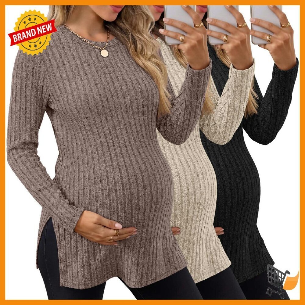 Maternity Long Sleeve Ribbed Knit Tunic Tops 3 Pack Stretchy Comfy